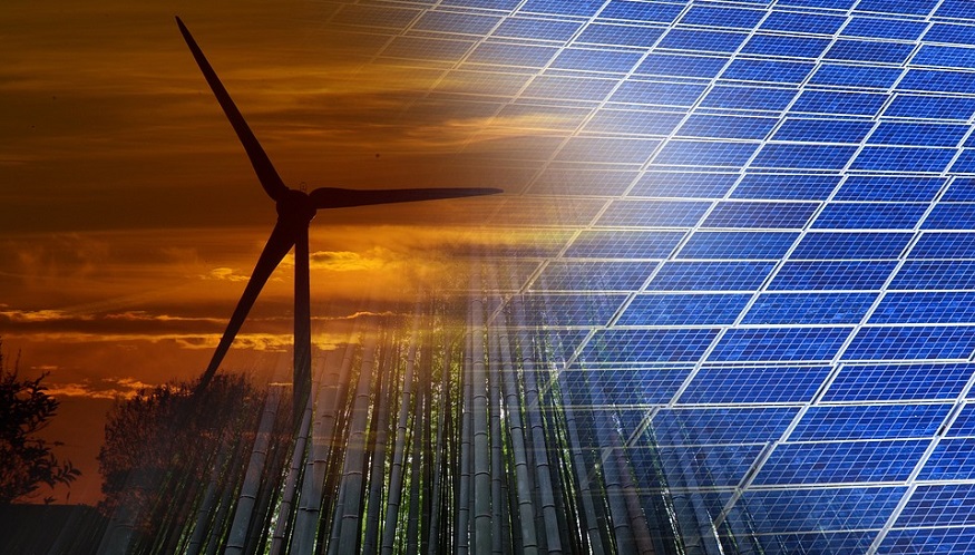 Green hydrogen power - solar panels, trees and wind turbines