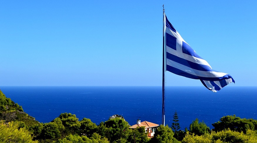 Green energy implementation - Greek Flag - Landscape in Greece