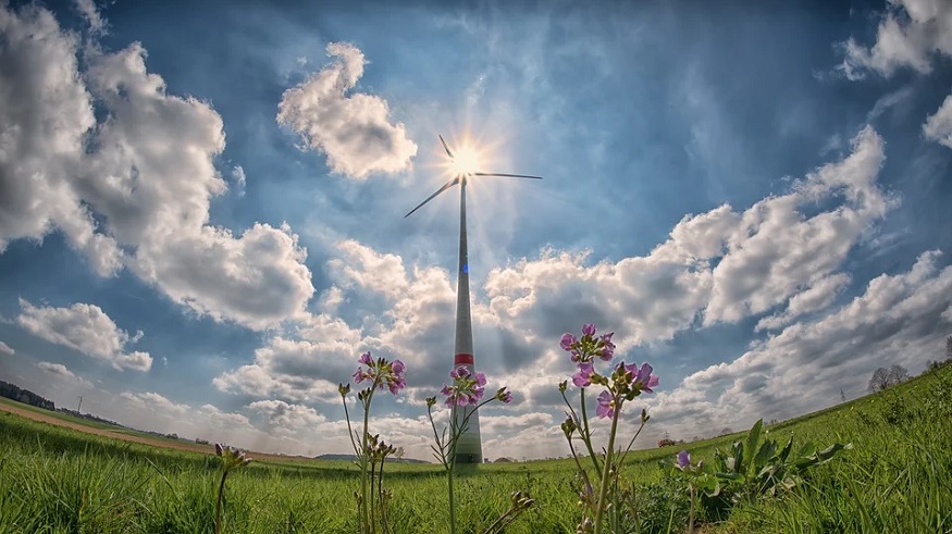 US renewable energy - wind turbine, sun, field