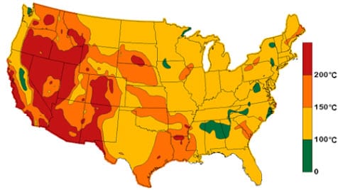 United States Geothermal energy - Estimated subterranean temperatures at a depth of 6 kilometers