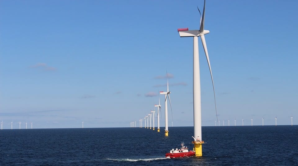 Offshore wind energy farm - wind turbines on water