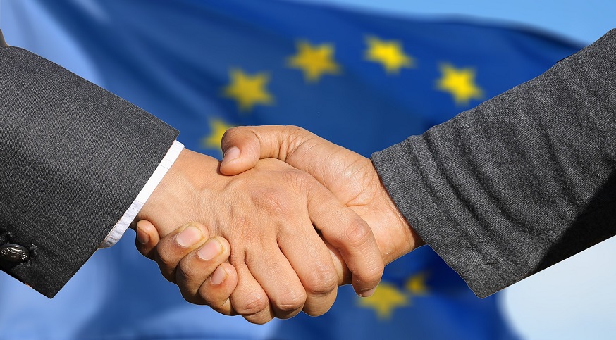 EU hydrogen fuel partnership - Flag of European Union - Handshake