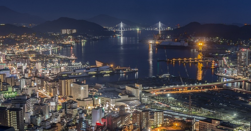 Japanese green hydrogen market - Ngasaki, Japan at night