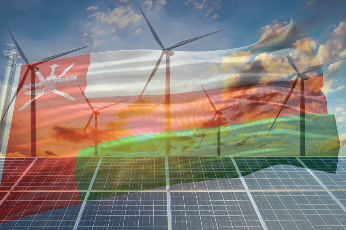 Renewable hydrogen - Oman flag - solar and wind energy
