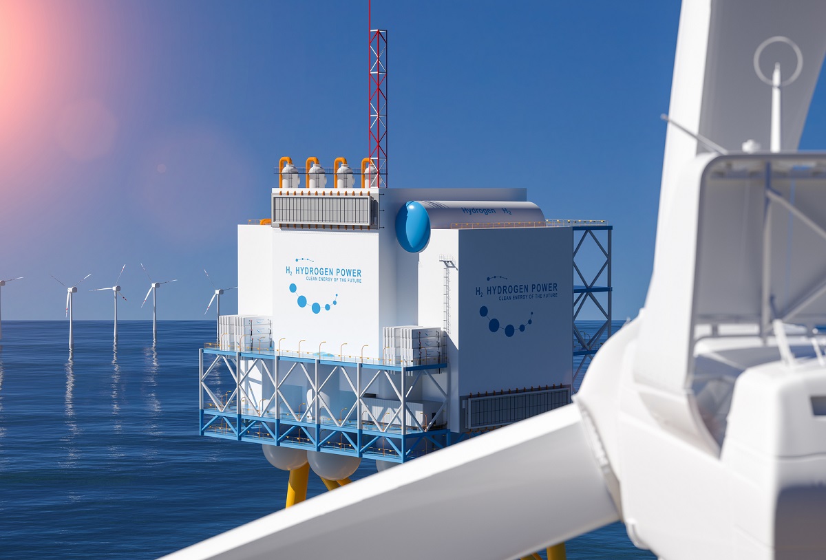 Green hydrogen - images of concept H2 energy made by offshore wind