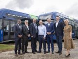 Hydrogen Buses - Left to right - Manish Patel, Mobility Director for Air Products Henry Smith, Member of Parliament for Crawley Richard Holden MP, Minister for Roads and Local Transport Ed Wills, Managing Director for Bright