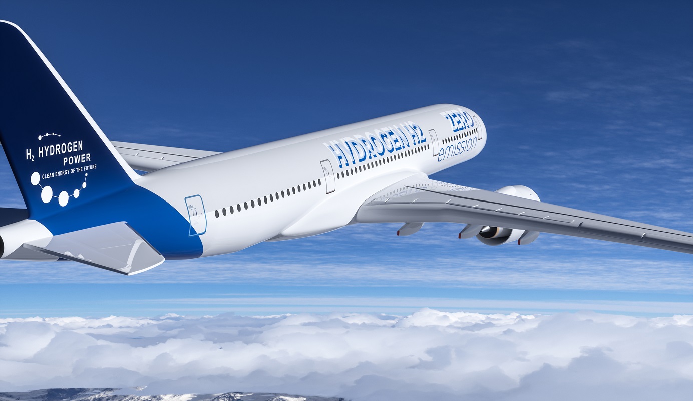 Hydrogen in Aviation alliance - Concept image of an H2 aircraft in flight