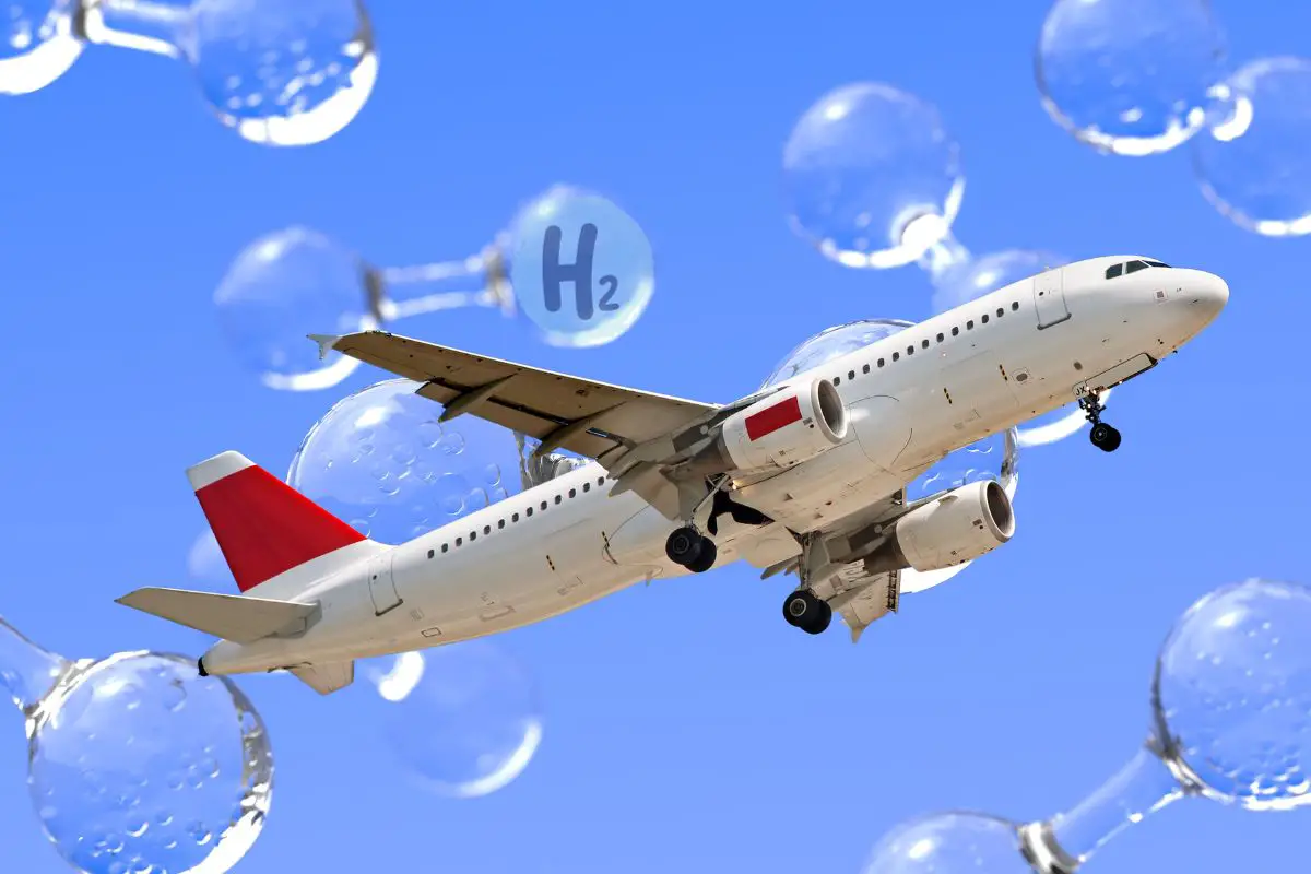 Hydrogen-electric plane - Image of passenger plane in flight with H2 as background