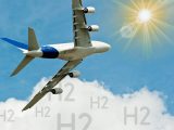 Hydrogen aircraft - Airbus plane in flight with H2 clouds
