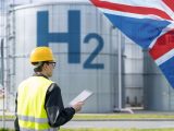 Blue Hydrogen - H2 on building and UK flag