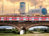 Green hydrogen production in background and image of train on bridge in front