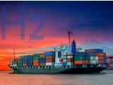 Hydrogen Cargo Ship - H2 letters in background above a cargo ship
