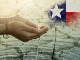 Natural Hydrogen - Person scooping up water from ground - Texas Flag and map
