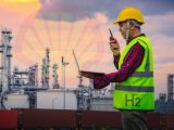 Green hydrogen - Image of Refinery, construction worker and shells symbol in distance