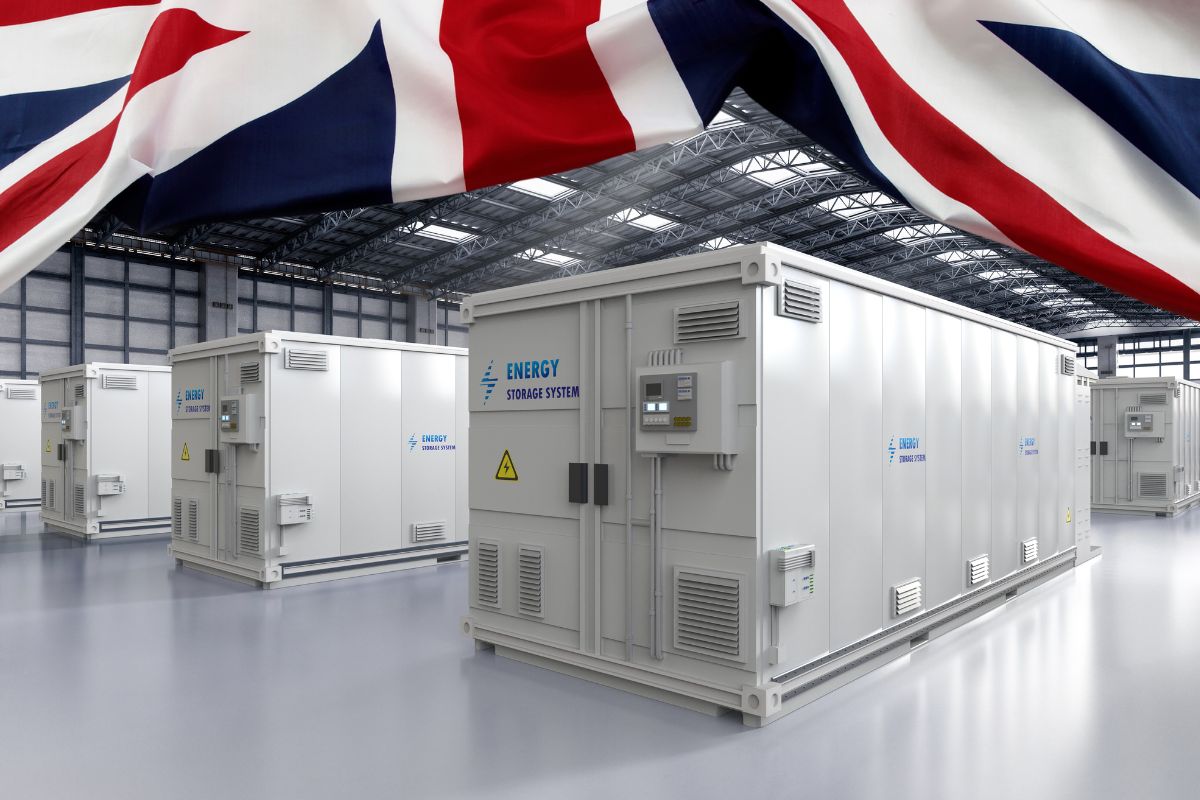 Hydrogen Storage - Concept image of energy storage units with UK flag