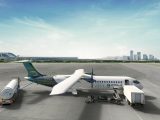 AIrbus Turboprop concept of ZEROe hydrogen-powered aircraft at the airport
