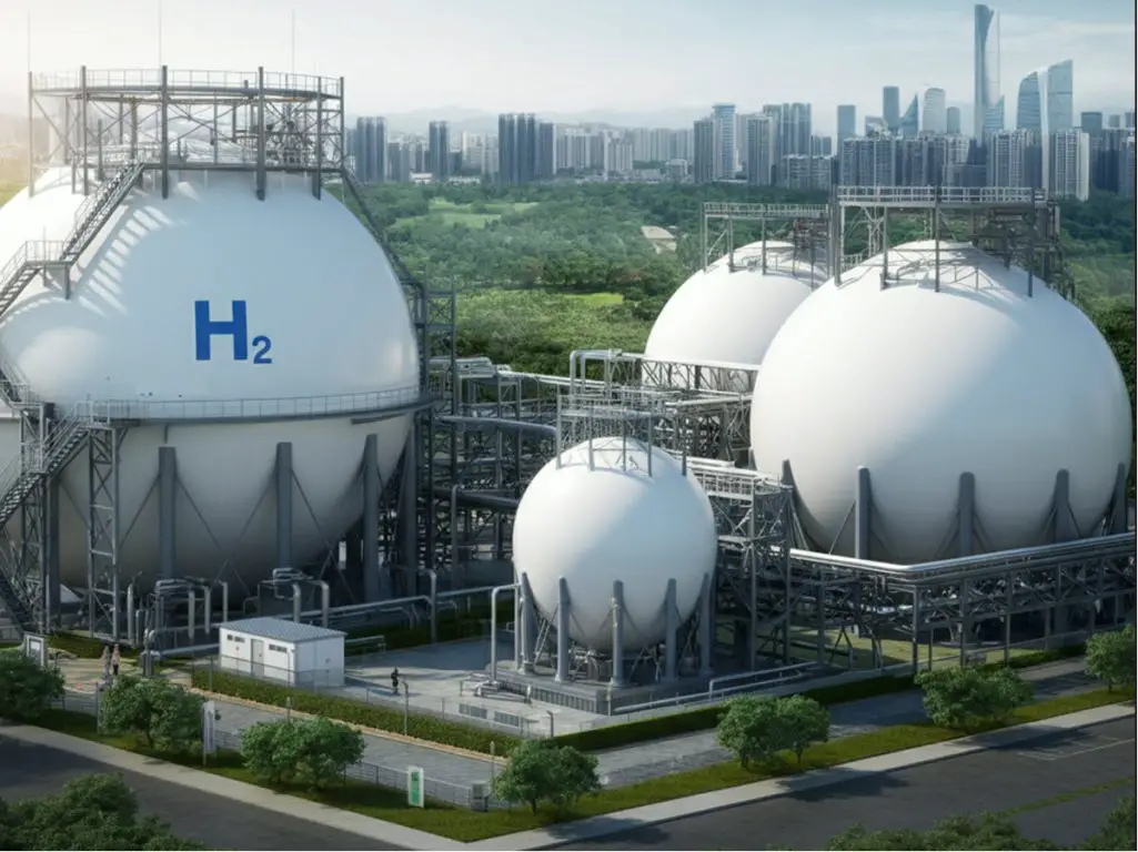 This image is a rendered visualization of hydrogen storage containers
