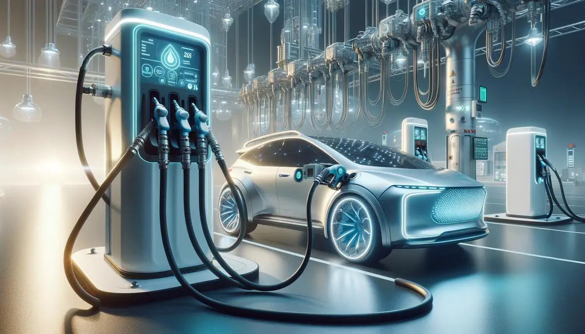 A realistic image of a hydrogen car being refueled at a hydrogen dispenser with safety features in place