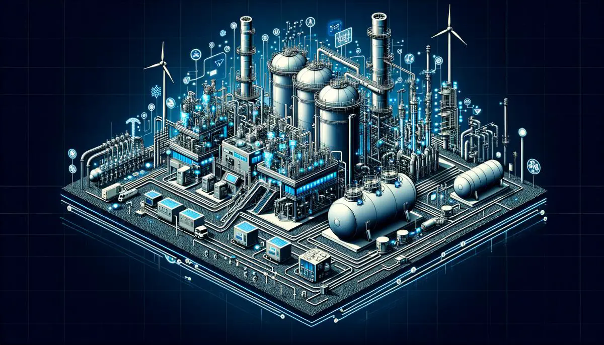 A realistic image showcasing hydrogen production and storage facilities with pipelines and tanks, symbolizing the potential of hydrogen as a clean energy source
