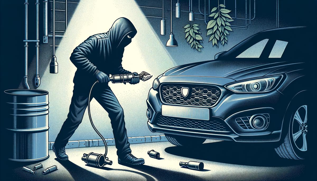 A realistic image showing a thief using a cutting tool to steal a catalytic converter from a car parked in a dimly lit area
