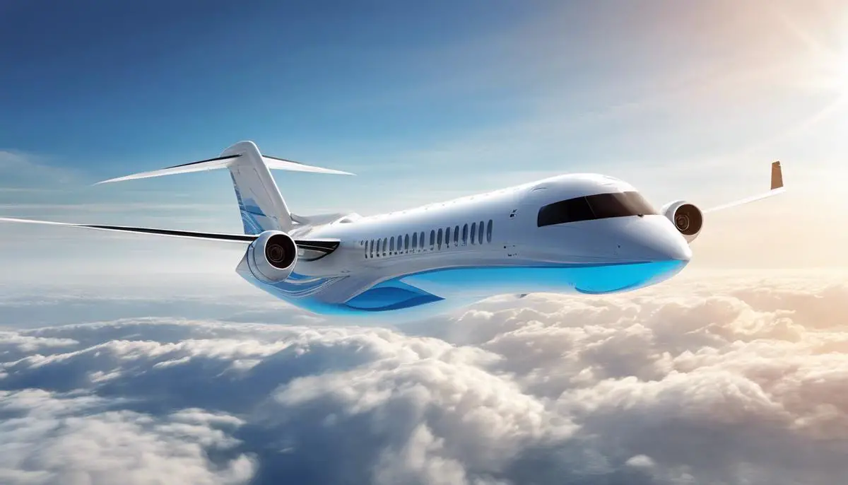 An image of a hydrogen-powered aircraft flying in clear skies