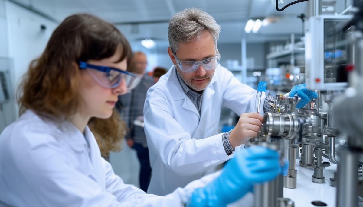 Engineers examining and testing a new hydrogen nozzle design in a laboratory setting