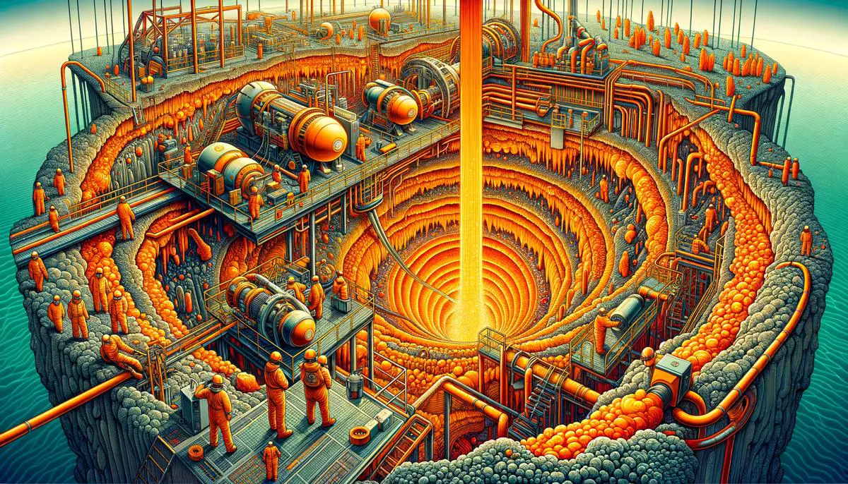 An image showing the process of extracting orange hydrogen from iron-rich formations underground.