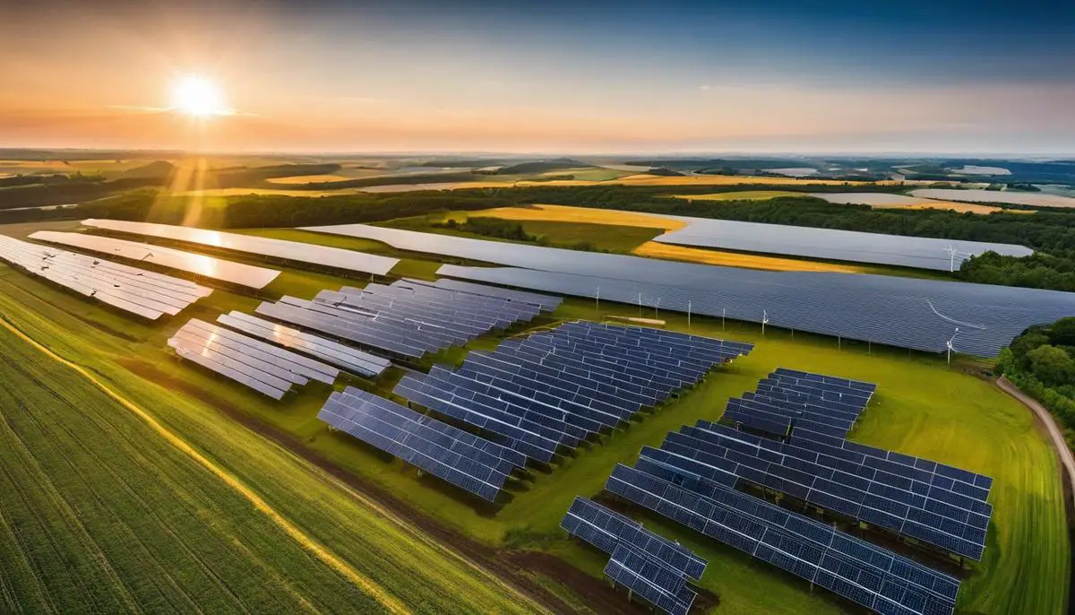 A wide shot of a solar farm with rows of solar panels, showcasing renewable energy technology.